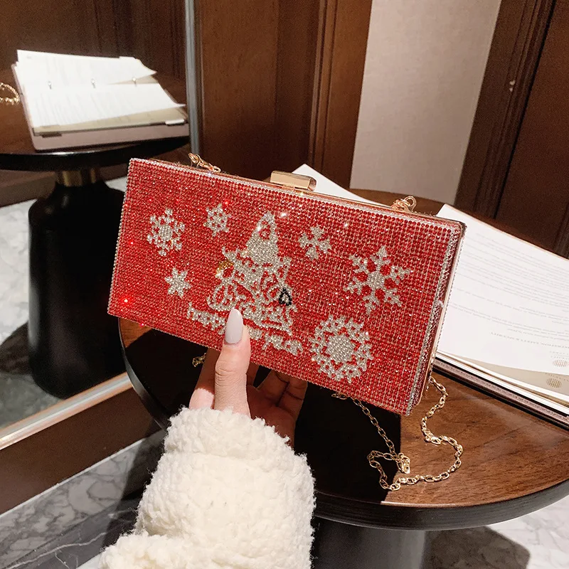 

2021 Designer Ladies Christmas Square Rhinestone Chain Purses Evening Crystal Clutch Bags Purse Handbags For Women, Green / red