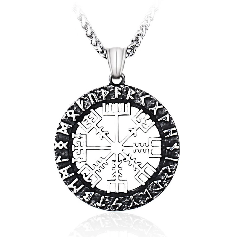 

Vintage Gold Sliver Planted Viking Ancient Myths Compass Rune Amulet Pendant Stainless Steel Man Necklace, Anti silver