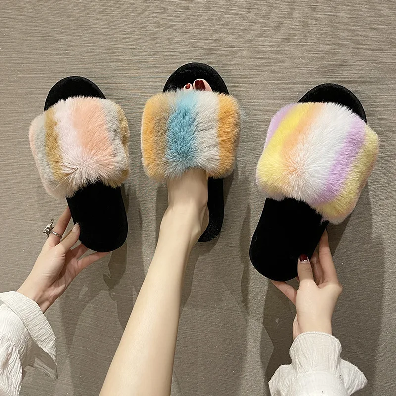 

Plush slippers women's 2022 new color wild warm opening word slippers home beach plush slippers