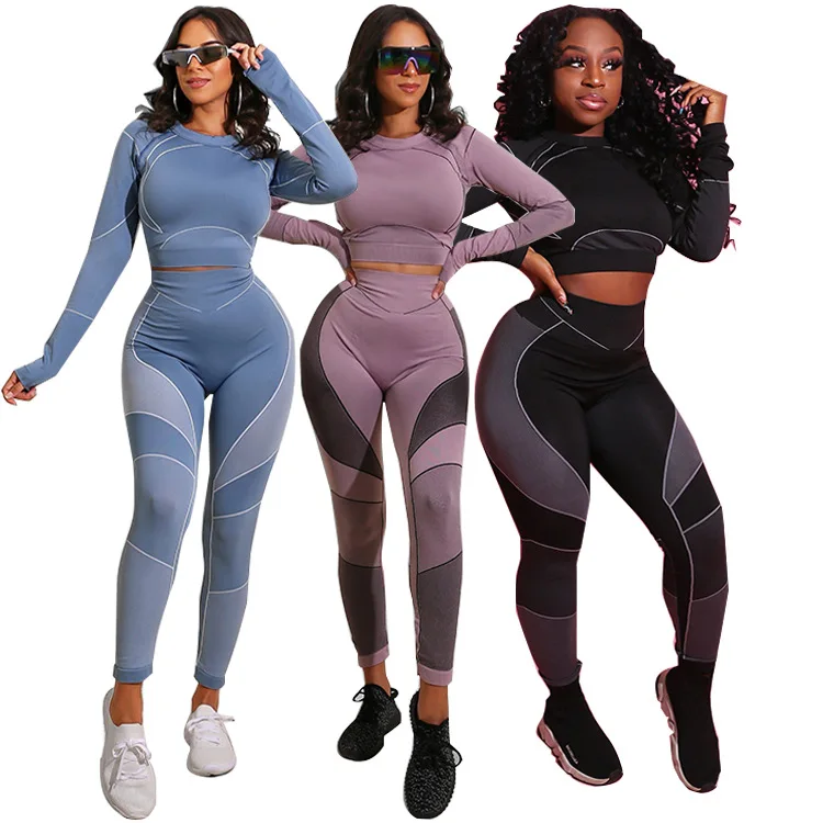 

African Print Shiny Seamless Eco Friendly Repet Cotton Blue Long Sleeve Two Piece Pants Yoga Set, Picture shows