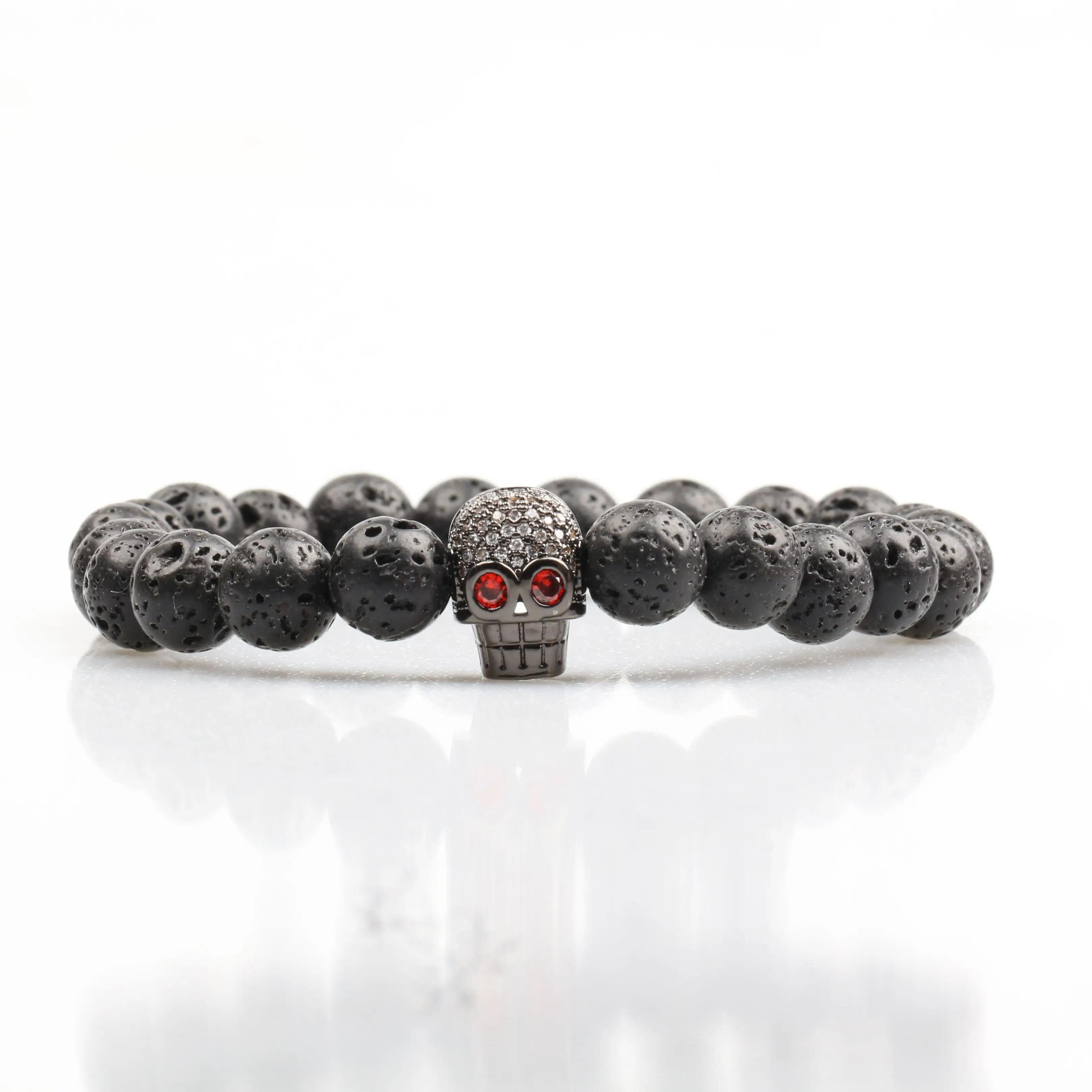 

Fashion Rock Jewelry Natural Grey Jasper stone bead Pave CZ Skull Bracelet