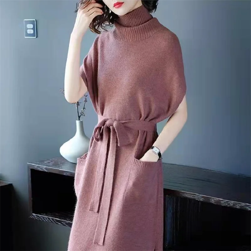 

knitted solid color of shoulder sweater turtle neck custom Pullover autumn winter spring women loose long sweater dress