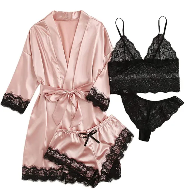 

Wholesale Plus Size Sleepwear Floral Trim silk Underwear Lingerie With Robe Lace Bra And Panties Four Piece Women Pajama Sets, Flower