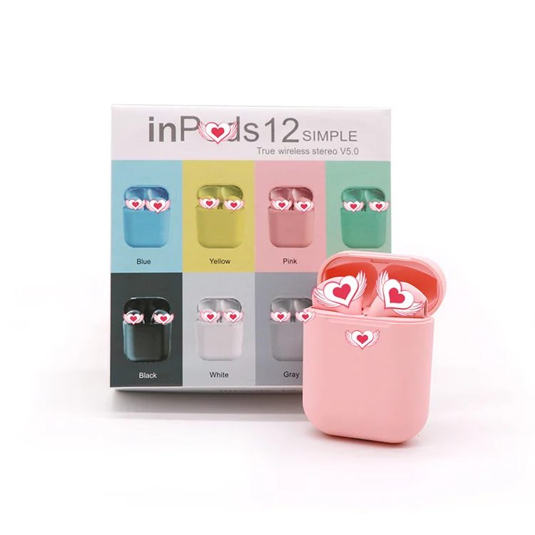 

New design Macaron Headphone earphone Inpods 12 Built-In Mic Mini Wireless Sport earbuds, White/ black/ pink/green/ yellow and blue