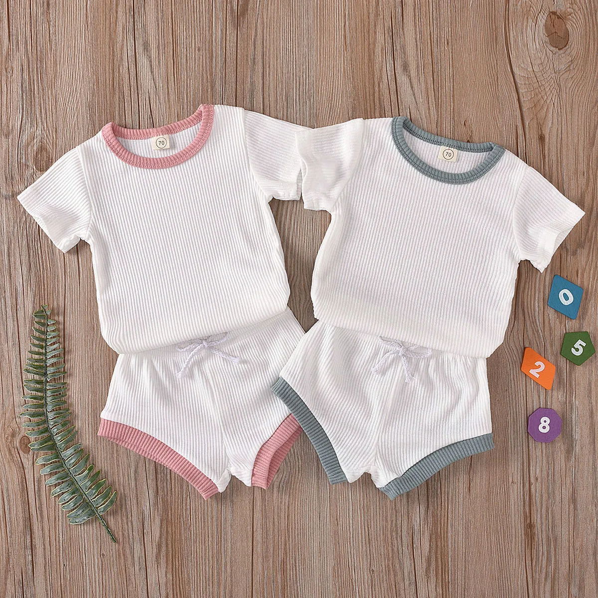 

Toddler Boys Girls Summer Clothing Short Sleeve T-shirts Shorts sets Ribbed Knitted baby clothes kids clothing