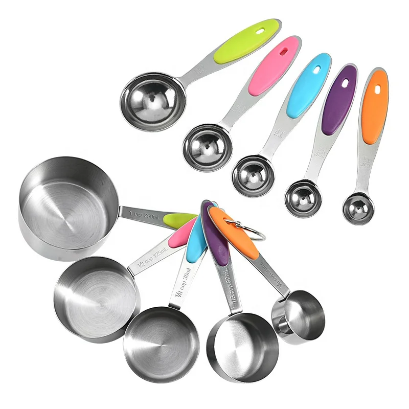 

Silicone Handle Stainless Steel 10 piece Measuring Cups and Spoons Set for Dry and Liquid Ingredients
