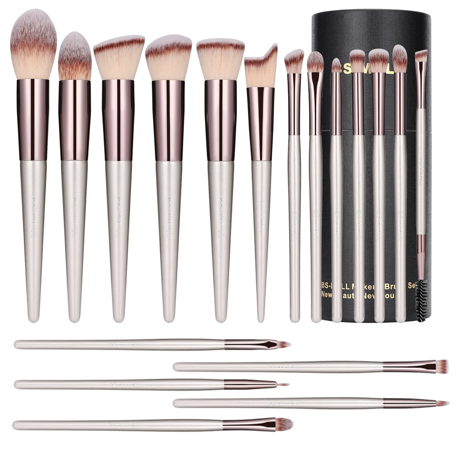 

BS-MALL Champagne Gold Synthetic Cosmetic Brushes Kit 18PCS Custom Vegan Makeup Brushes Set With Bag