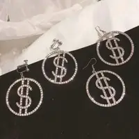 

Shiny rhinestone earrings personality exaggerated Big Round Hook US Dollar Sign Earrings ear clips