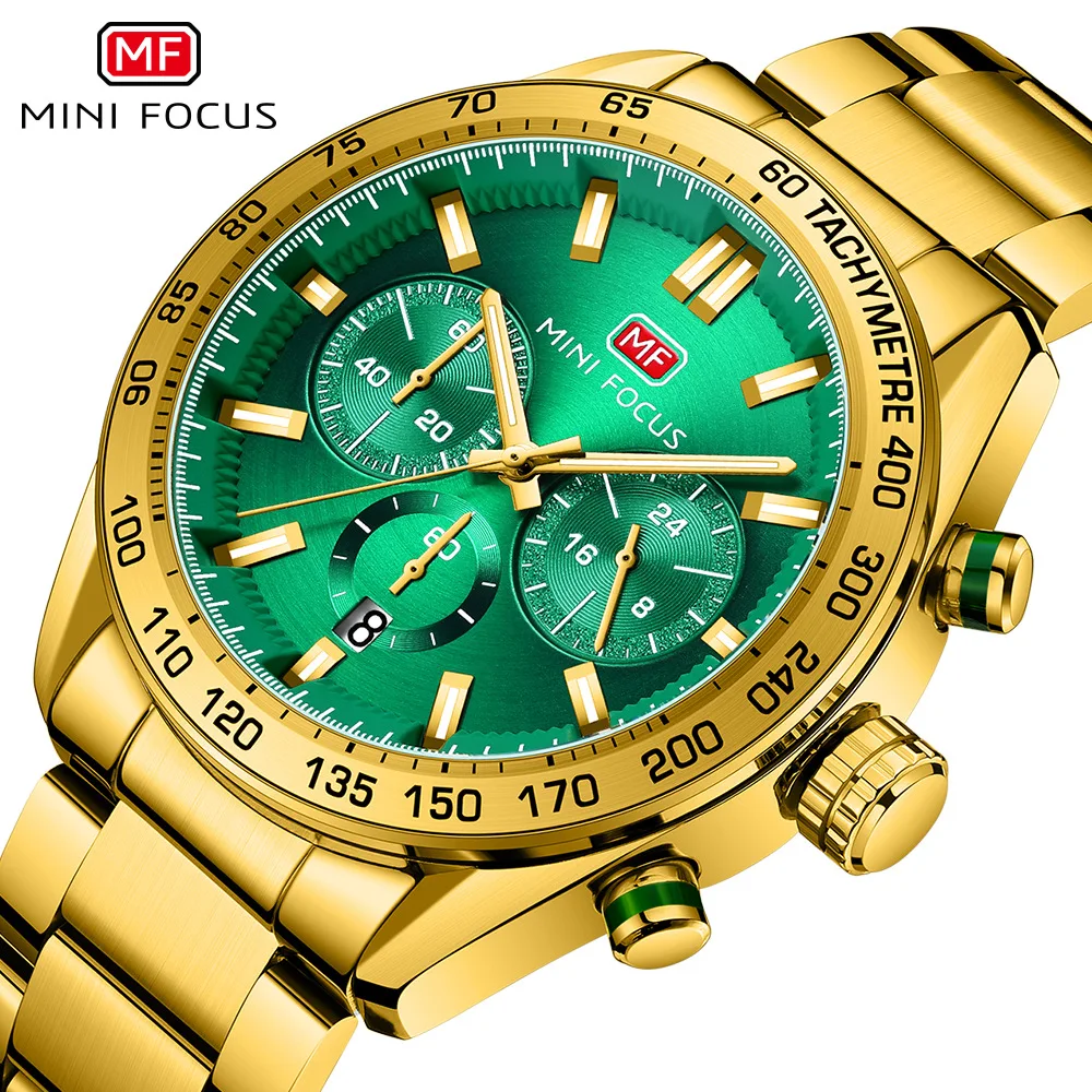 MINI FOCUS Gold Watch for Men Fashion Stainless Steel Quartz Watches Waterproof Chronograph Wristwatch Relogio Reloj Montre