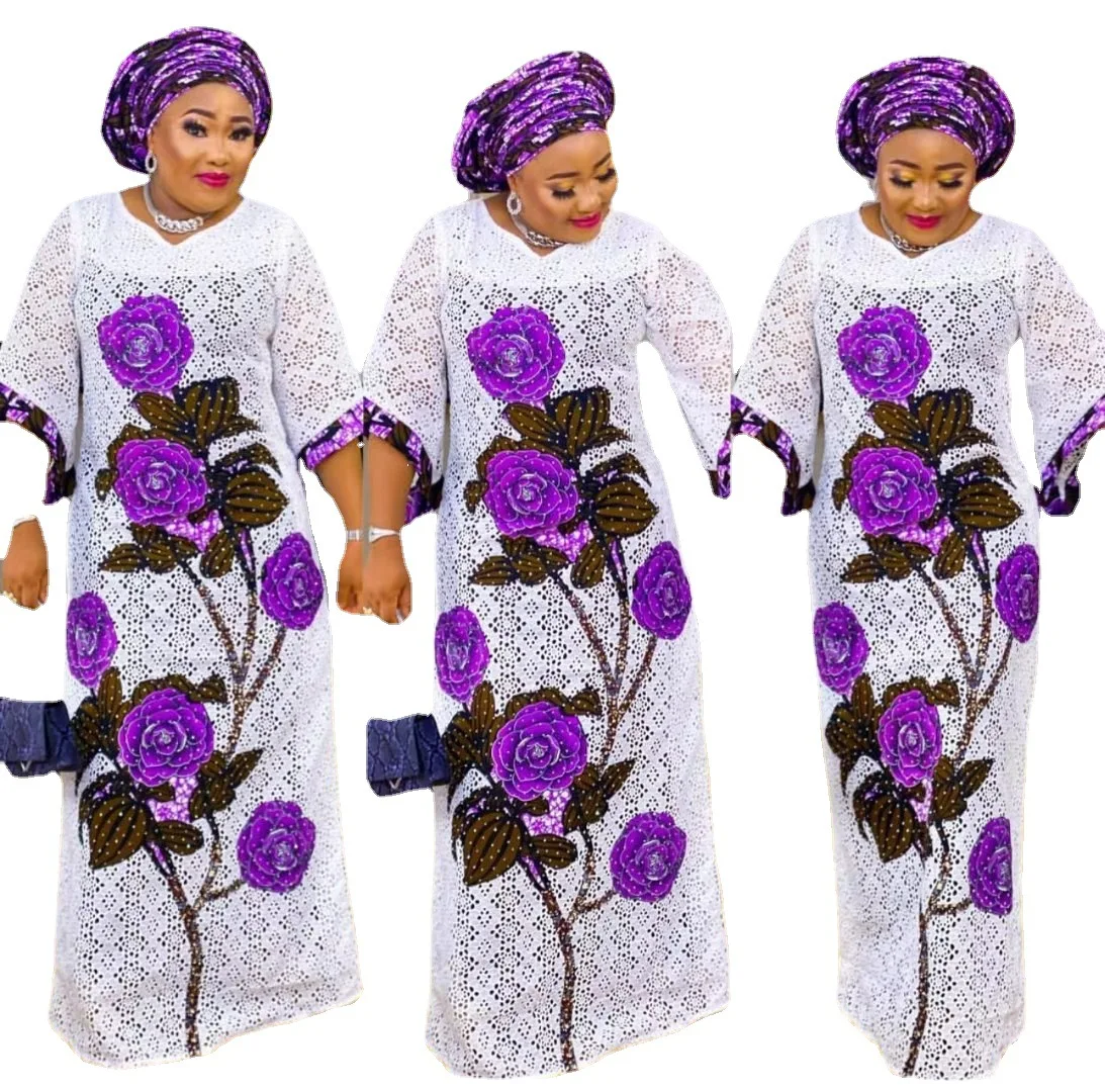 

African women plus size loose long dress Flowers printed Hollow muslim dress Lady casual summer dress 3 piece set, As showed