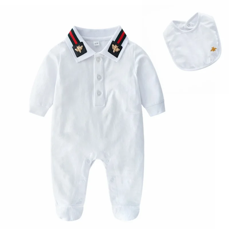 

2pcs 100% cotton roupas infantil plain white infant wear baby footie with bib, Picture