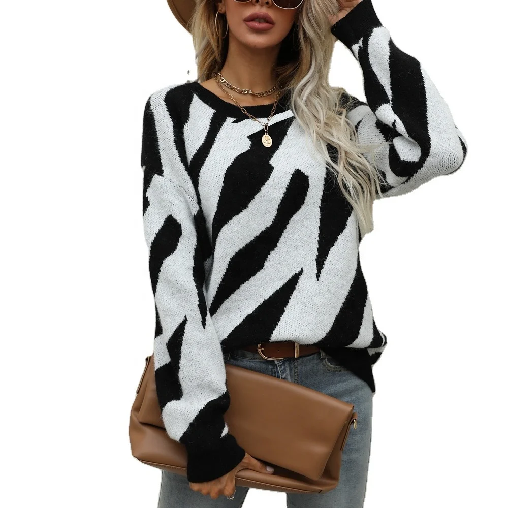 

Hot selling autumn winter long sleeve zebra stripe crew neck women knitted jumper, As picture