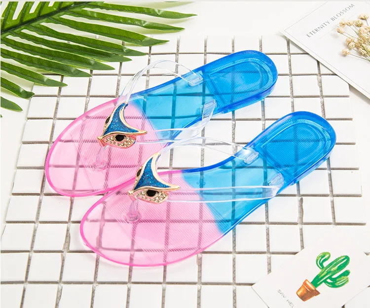 

Summer fox head crystal flip-flops slippers female jelly transparent beach non-slip flat shoes bathroom plastic sandals, Picture color