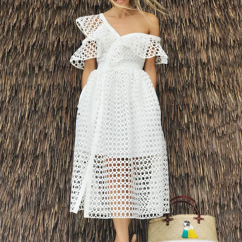 

Elegant Summer Hollow Out Ruffled Midi Plus Size Women Casual Dress
