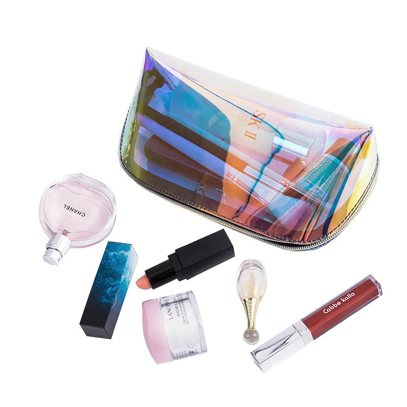 

Custom Logo Transparent Tpu Holographic Cosmetic Bag Personalized Laser Pvc Makeup Bag Small Transparent Colorful Makeup Bags, Rainbow