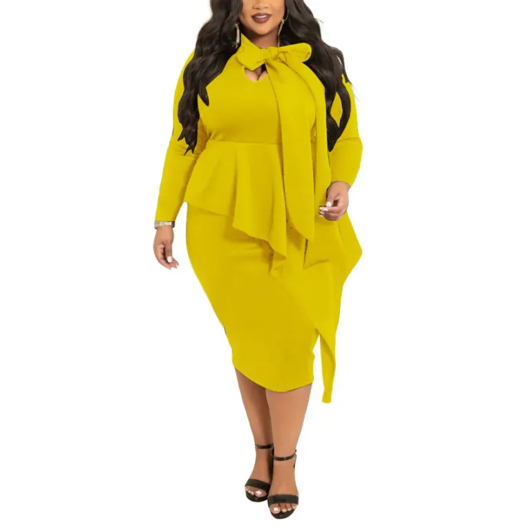 

Hot Selling New Design Women Plus Size Fashion Colour Butterfly Knot Ruffles Hem Long Sleeve Dresses, As pictures