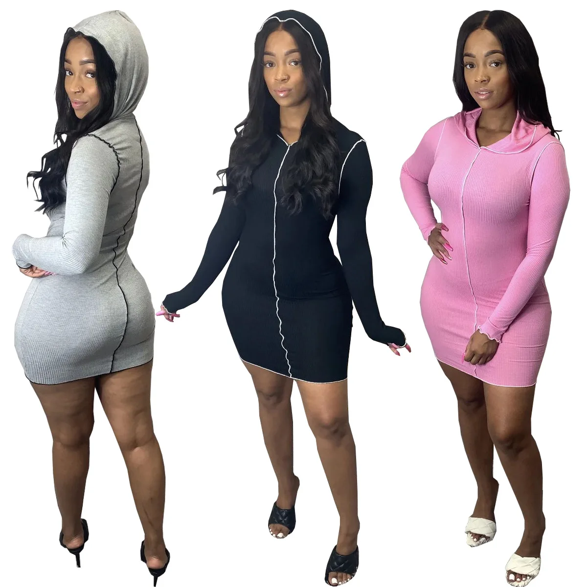 

Deep V sexy sweater bag hip skirt 2020 autumn and winter new slim solid color long sleeve knee-length skirt