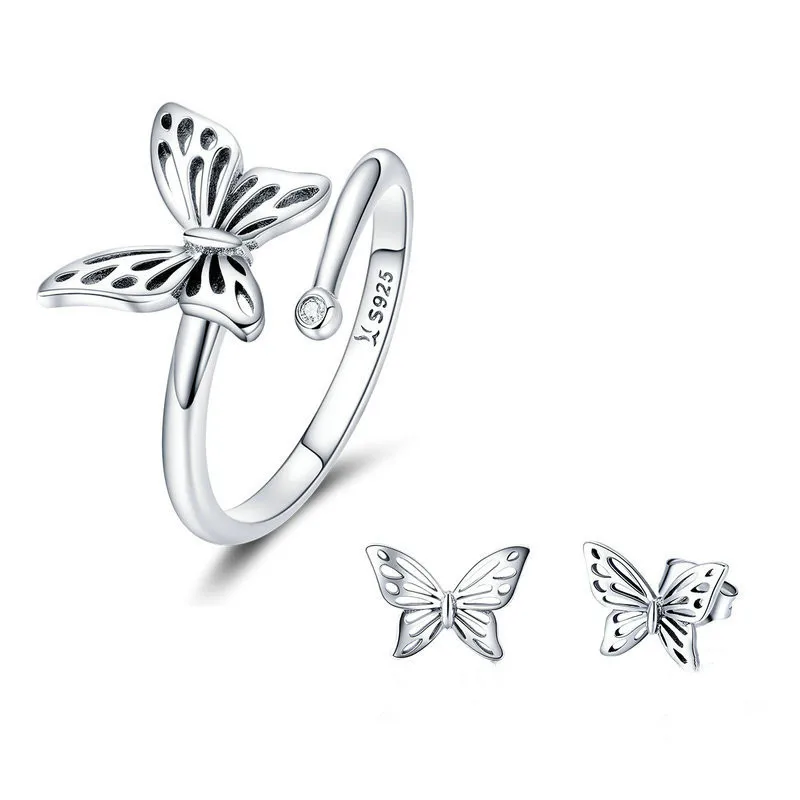 

European Luxury Fashion 925 Sterling Silver Butterfly Earrings Ring Set