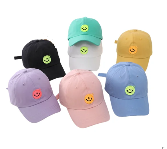 

Candy colours kids baseball cap 6 panel hat smile face embroidery patch baseball cap for boys and girls