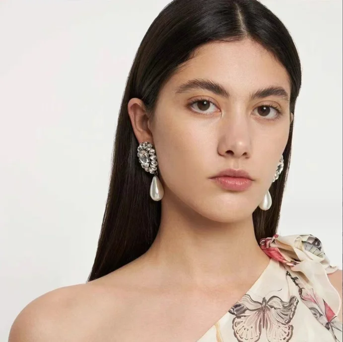 

Luxury New design Crystal rhinestone flower big pearl Water drop Earrings for Women Christmas Jewelry Bridal wed Gifts