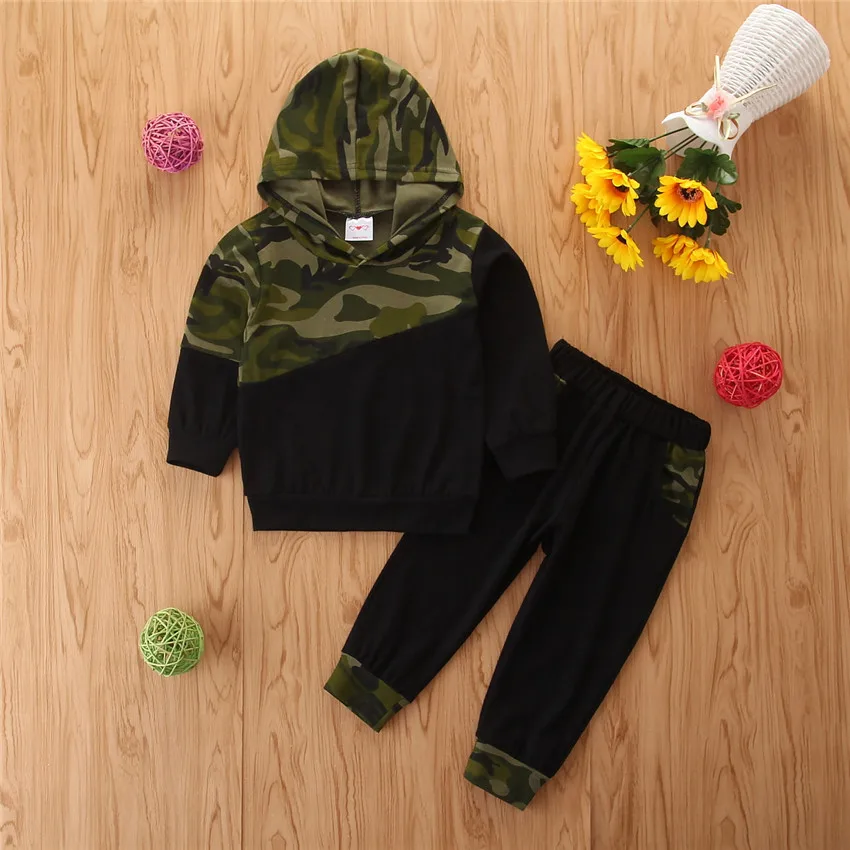 

B53298A Little boys autumn new fashion camo print hoodie with pants, Black
