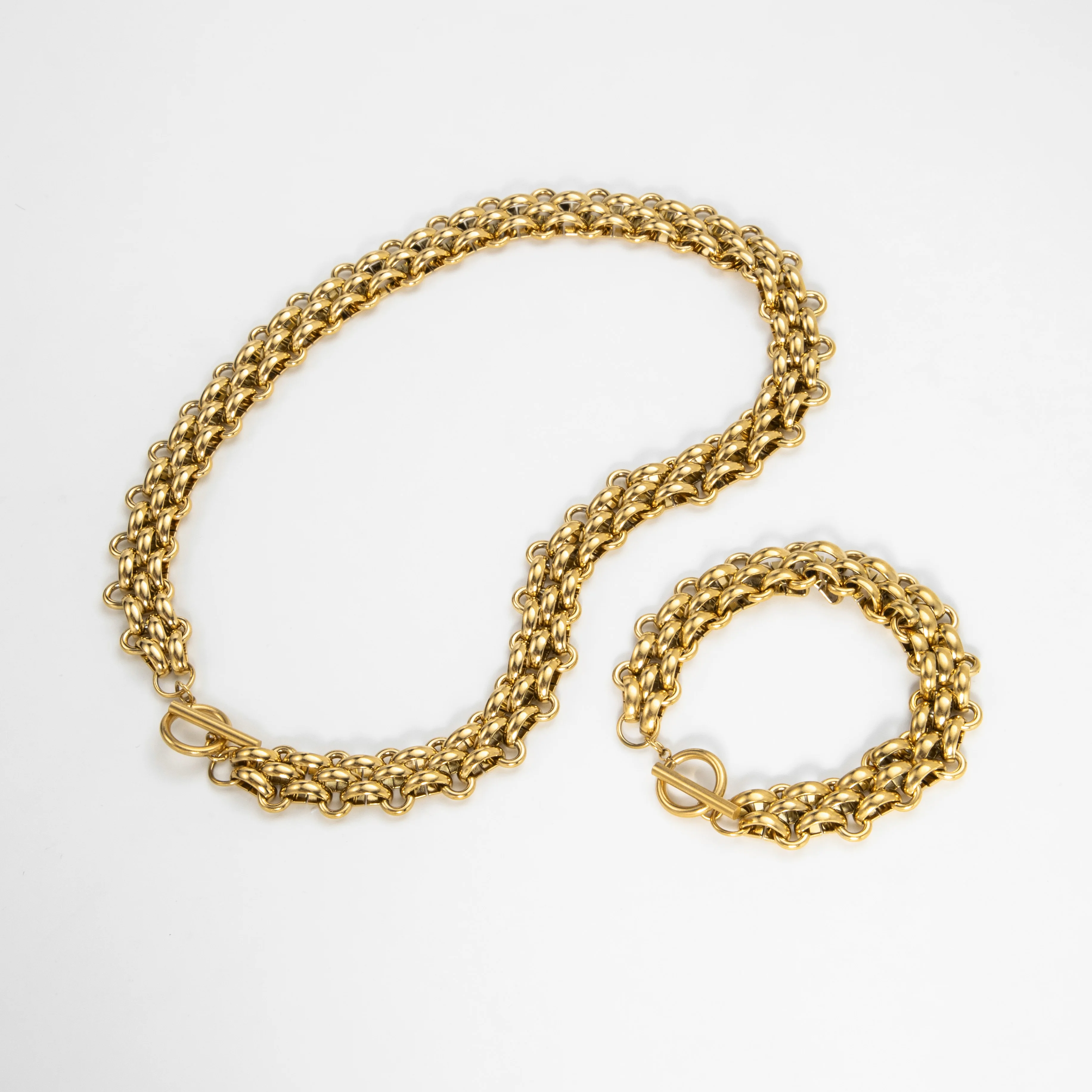 YF3363 Vintage Jewelry Waterproof Tarnish Free 18K Gold Plated Stainless Steel Weaving Chunky Necklace Thick Bracelet Set