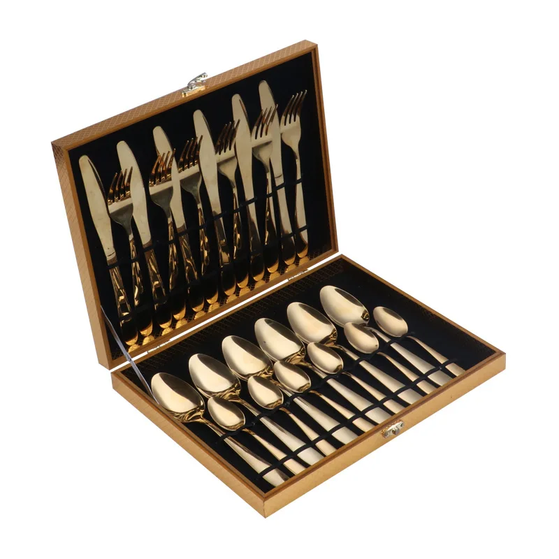 

Wholesale cubertios wedding hotel silverware dinnerware flatware sets stainless steel gold cutlery set 24pcs with wooden box, Customized