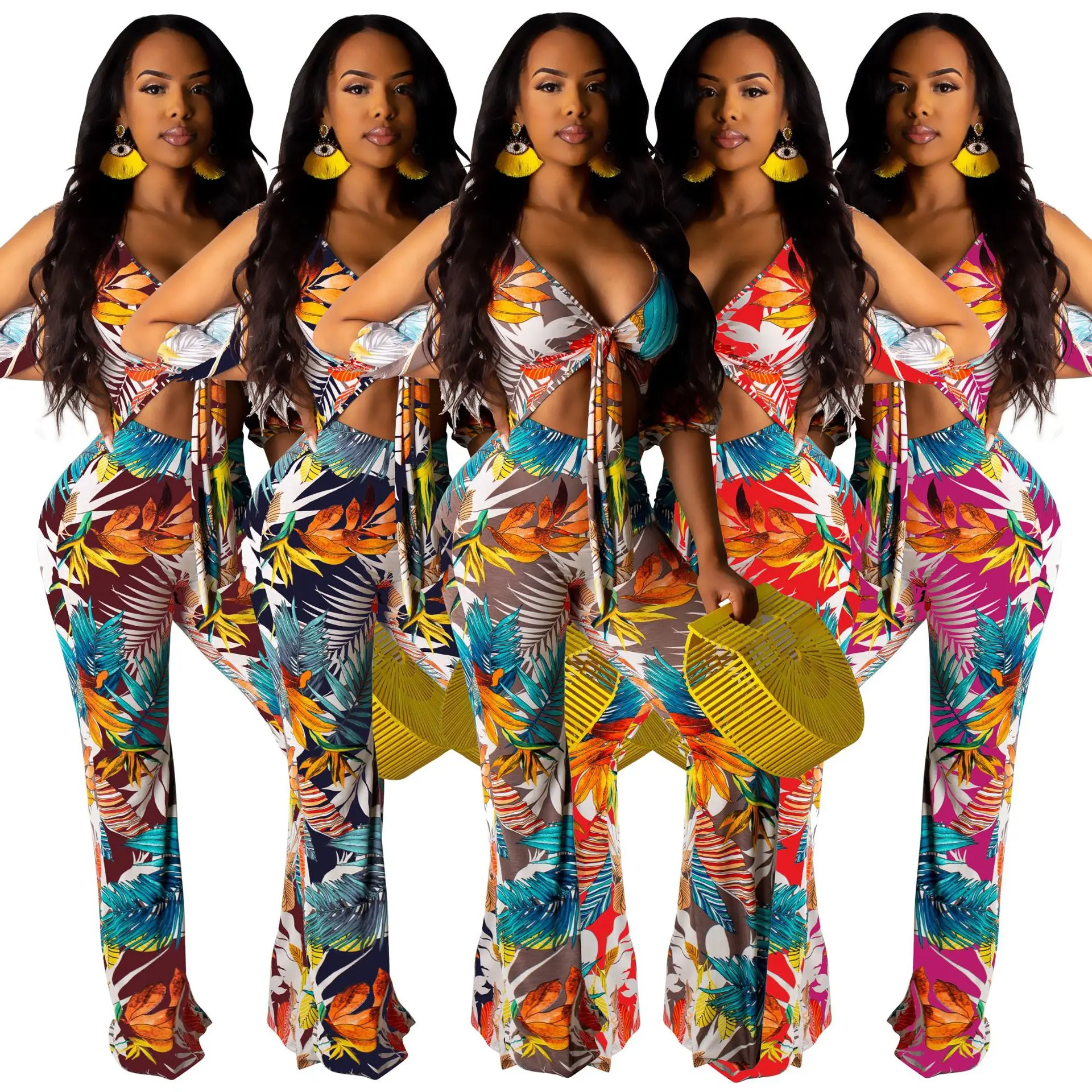 

Fashion Customized Printed Sexy Halter Sleeve Chiffon Loose Jumpsuits For Women Ladies