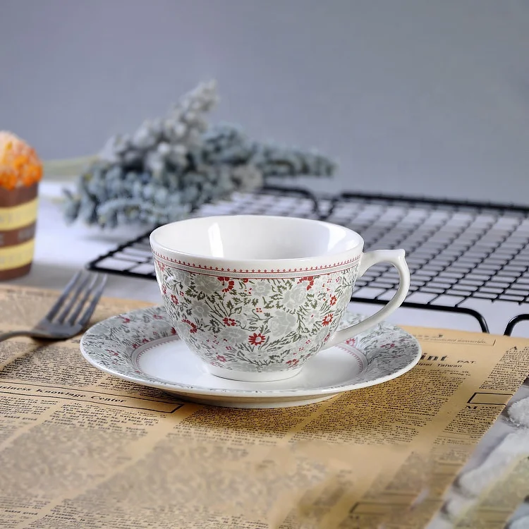 

American Retro Small Floral Daisy Flower Underglaze Ceramic Coffee Or Tea Cup and Saucer, White