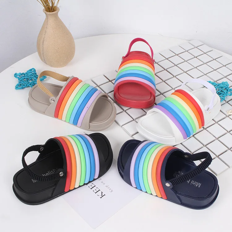 

Kids Summer Soft sandals kids slippers open toe Rainbow striped sandals for children, Deep blue,brown,white,red,black