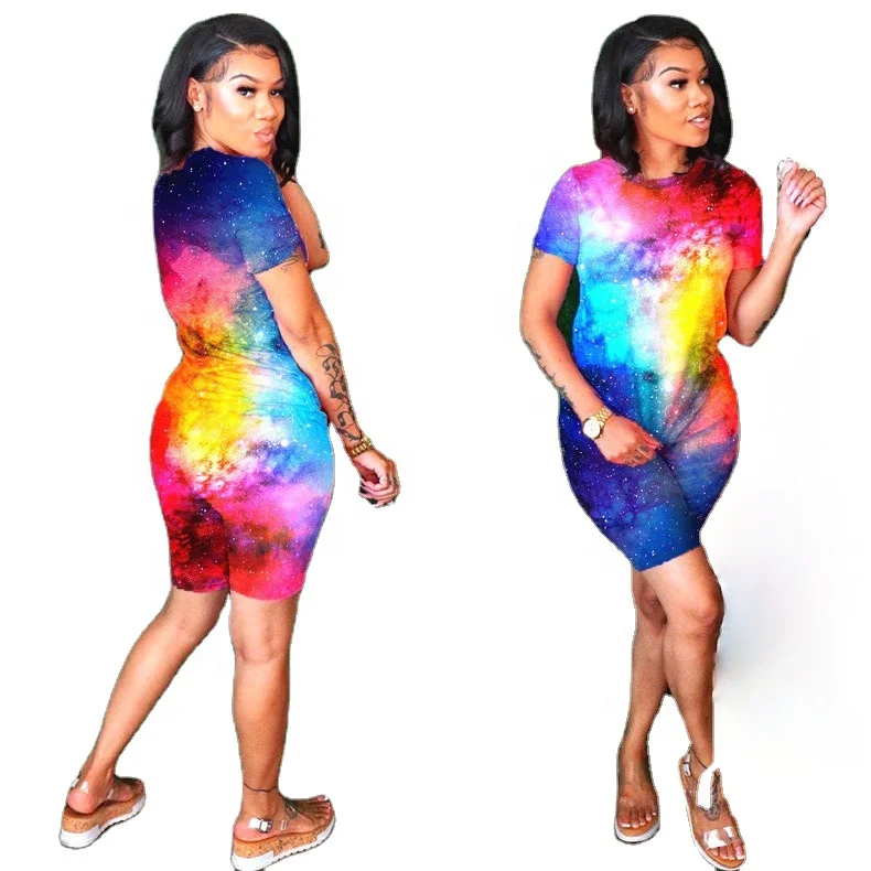 

Wholesale Plus Size tie-dye t-shirt womens Leopard short pants two piece womens 2 piece summer sets