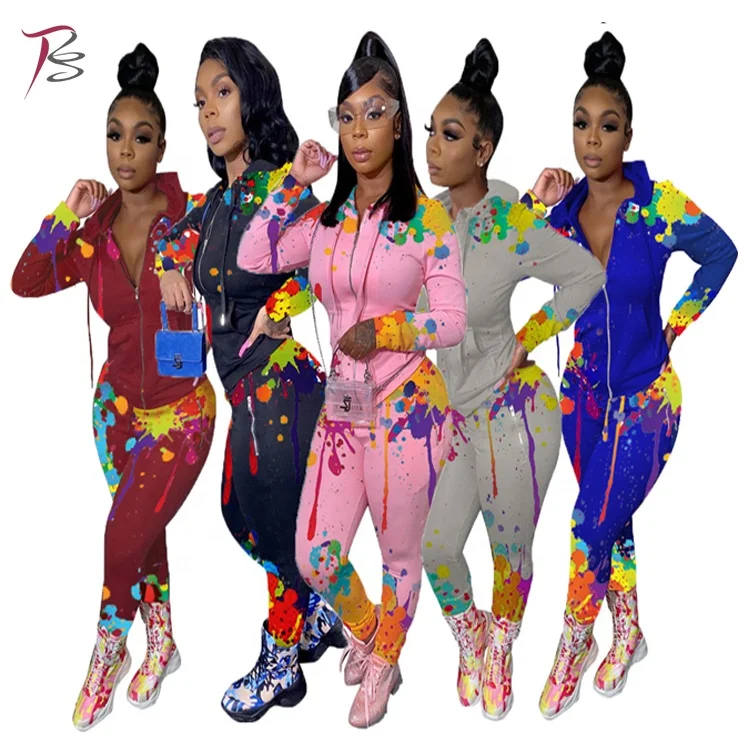 

Autumn winter tie-dye splash print hoodie sports casual joggers suit 2 piece hoodie pants sets track suits for women, 5colors