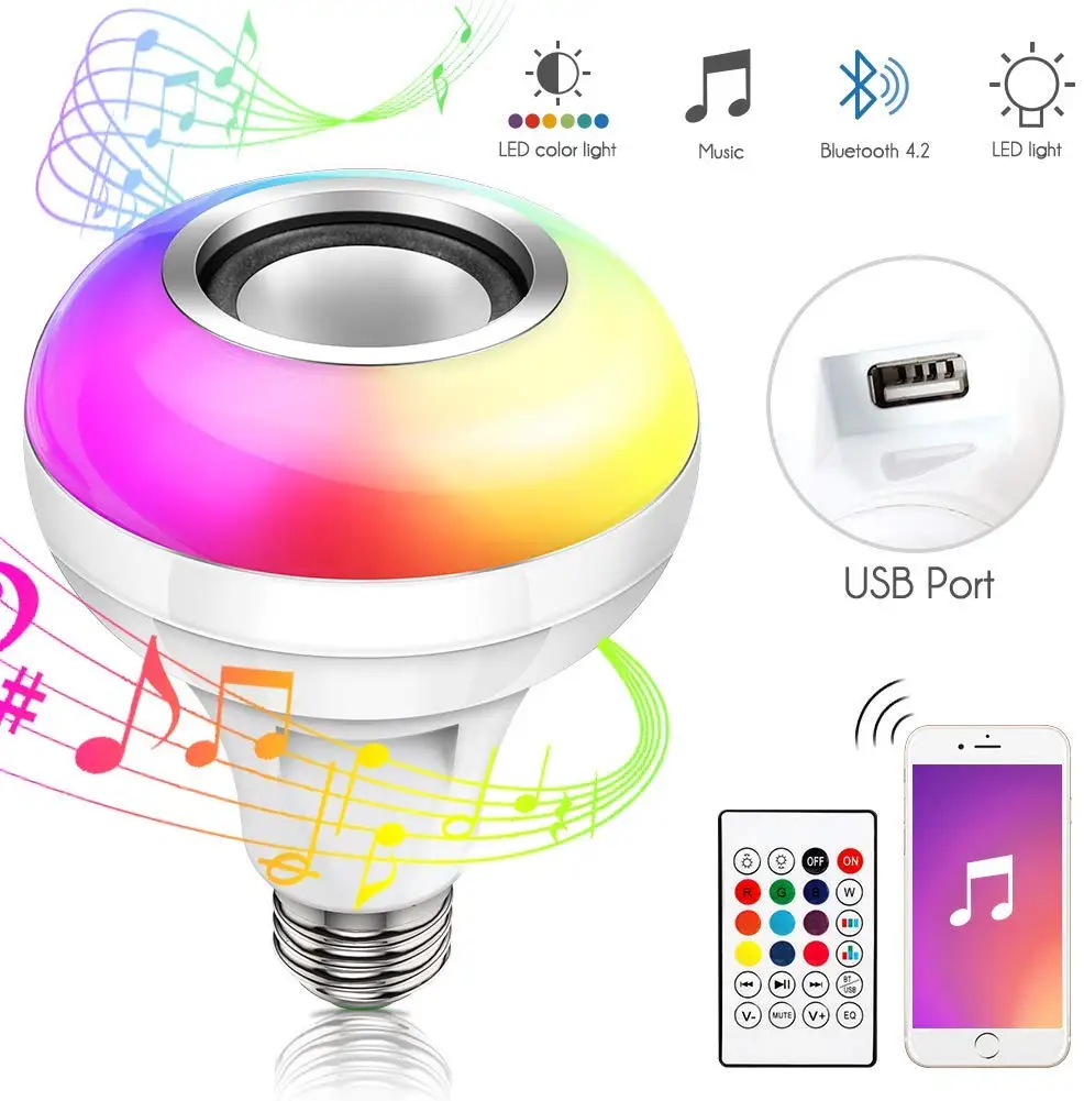 Bluetooth Speaker LED Bulb 12W AC100-240V RGBW Color changing Music Player With Remote controller