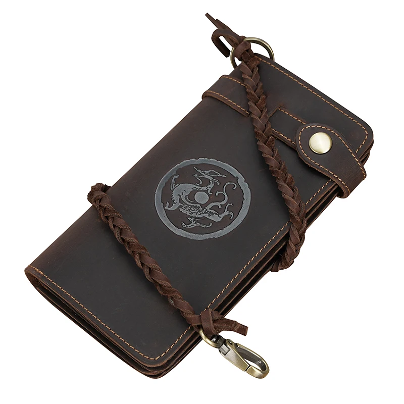 

TIDING Vintage Heavy Duty Long Crazy Horse Leather Biker Wallet WIth Chains