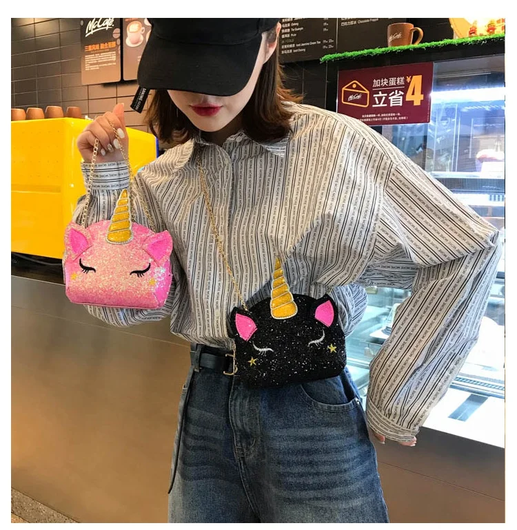 

2021 Newest Fashion Wholesale Cute Mini Bag for Kids Women Sequins Unicorn Look Shoulder Bags Mini PU Purses, 4 colors
