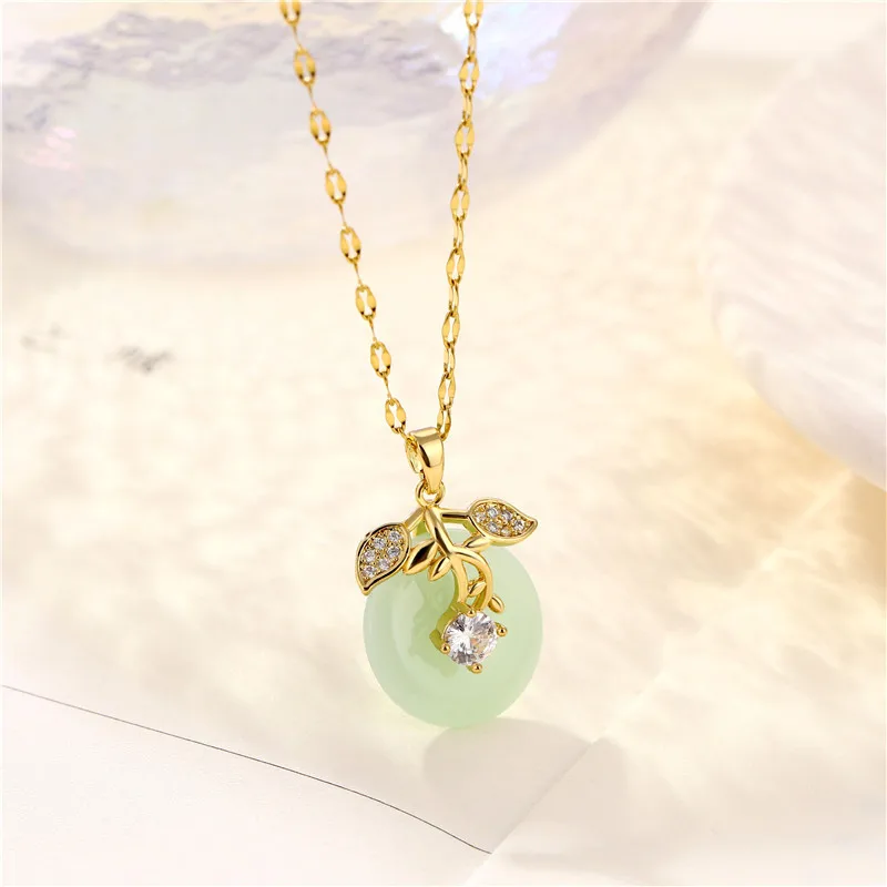 

Lucky Jewelry Stainless Steel Leaf Flower Crystal Necklace Round Natural Light Green Jade Necklace, Photo