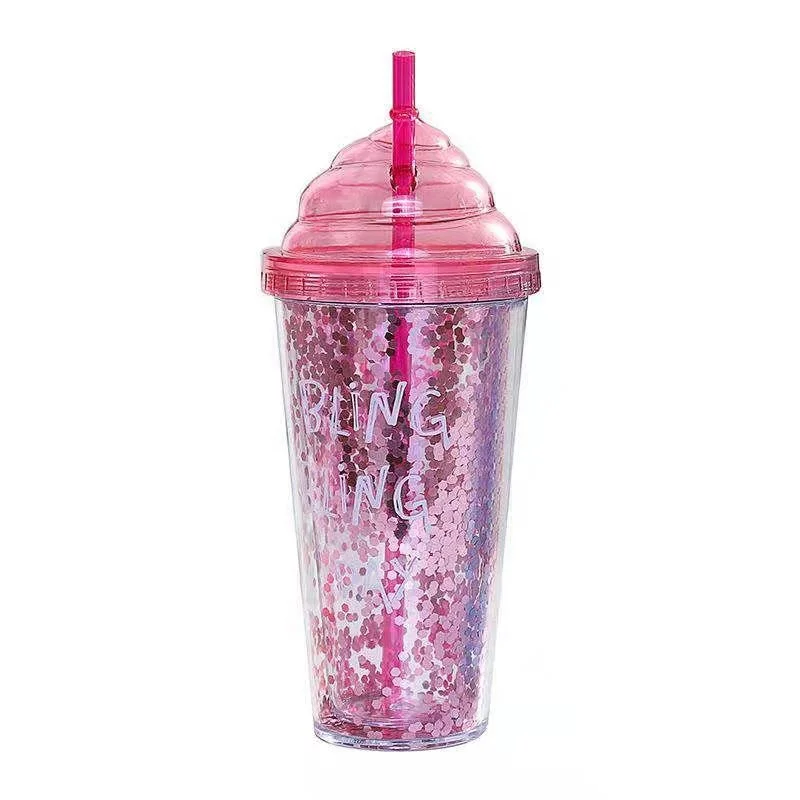 

wholesale creative custom double wall ice cube cup tumbler with straw glitter, Pink/purple/blue