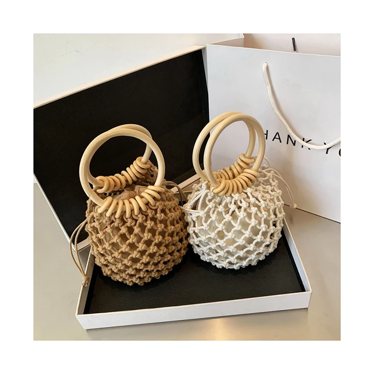 

Wooden Ring Handbag and Purses Cotton Rope Woven Bags Drawstring Summer Beach Straw Hand Bags Hollow Out Fishing Net Sac Bolsas