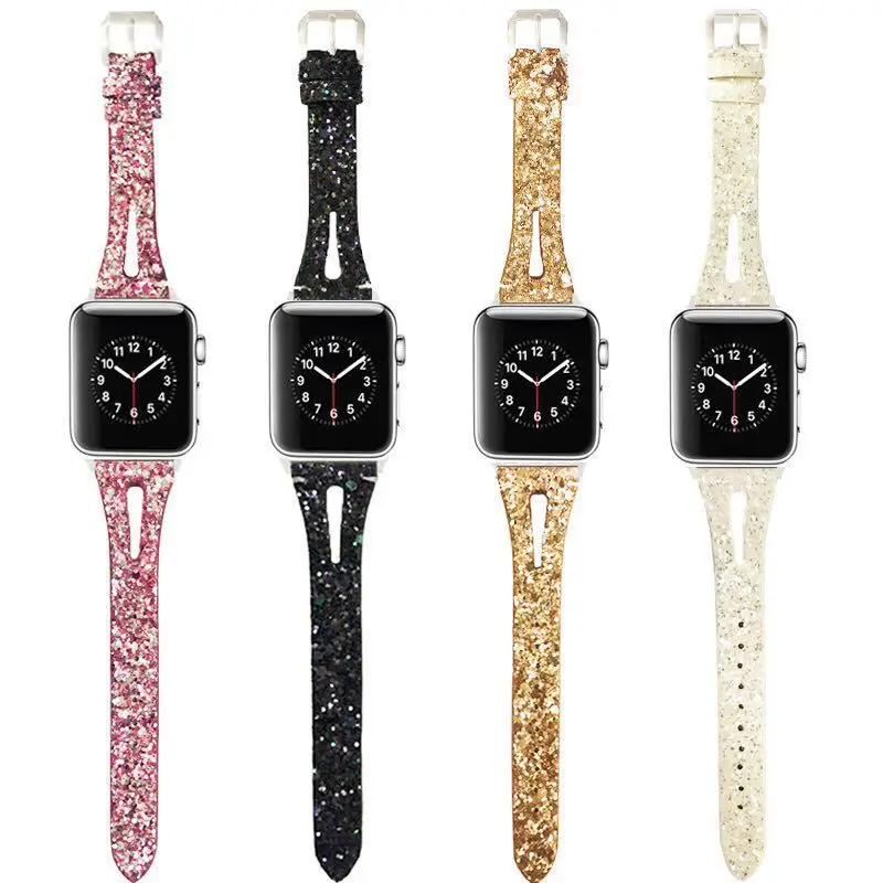 

Popular slim shiny glitter smart watch strap correa for apple watch bands 44mm 38mm 40mm 42mm woman leather watch band, Brown,black,blue,red