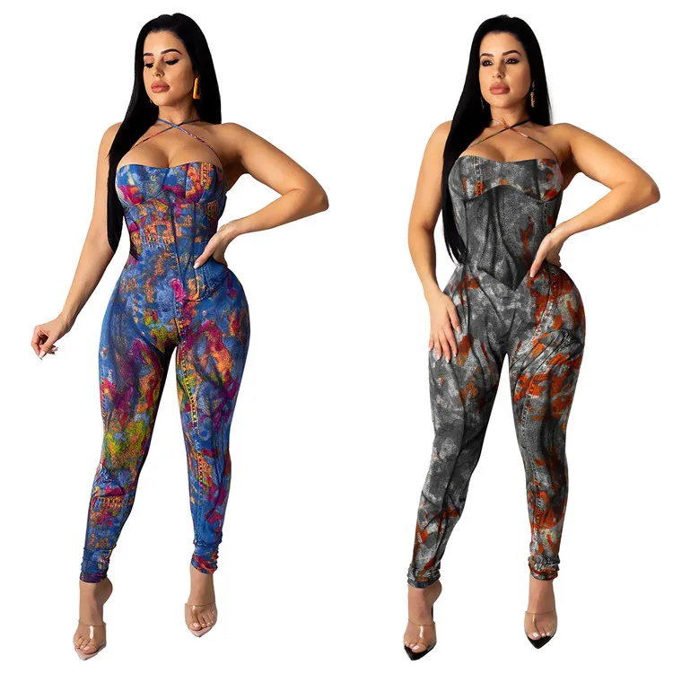 

Summer Sexy Club Party Jumpsuits Women Strapless Print Halter Backless Rompers Street chic Elastic One Piece Outfits, As picture