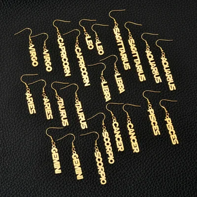 

2021 Latest 12 Zodiac Sign Horoscope Drop Earring Fashion Gold Plated Stainless Steel Constellation Pendant Earrings