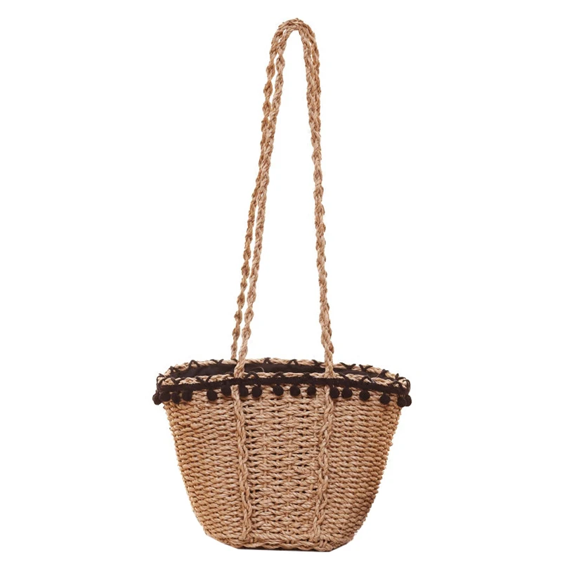 

Hot Selling beach straw bucket handbag women hand woven macrame shoulder bags, Natural