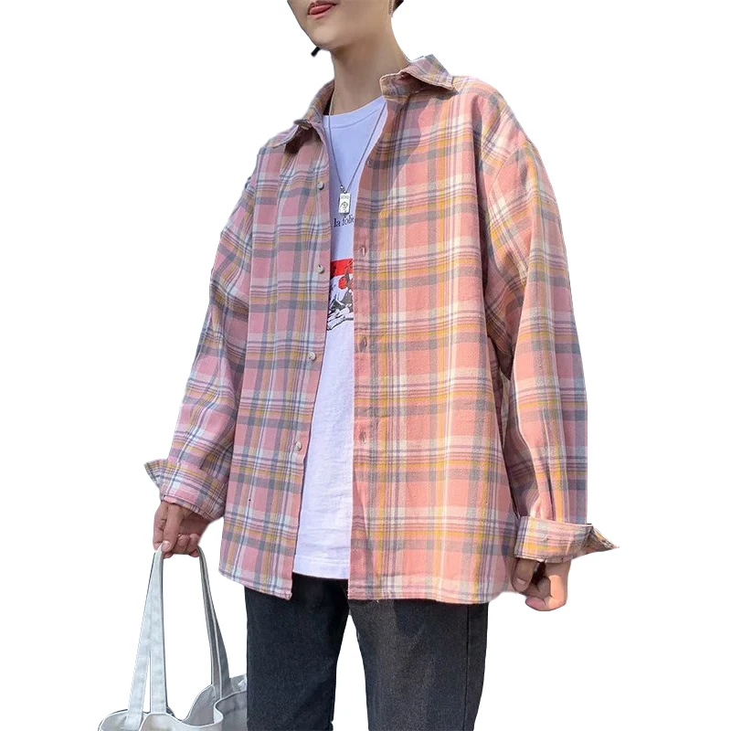 

Spring long-sleeved plaid shirt trend men's loose wear Korean shirt jacket