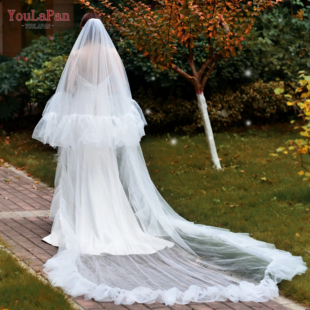 

YouLaPan V117 Fashion Fold Edging Custom Polyester Double-Layer Wedding Bridal Veil 3 Meters Long Wedding Accessories Veil, White/ivory