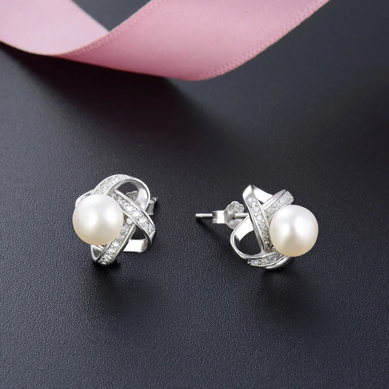 

Wedding Bridal Jewelry Natural Freshwater Pearl S925 Sterling Silver Stud Earrings Cubic Zircon Stud Earrings for Women Girls