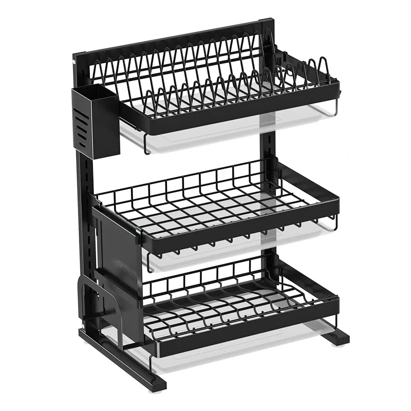 

High Quality 3 Tiers Kitchen Storage Holder Adjustable Over the Sink 201 Stainless Steel Dish Drying Rack, Black