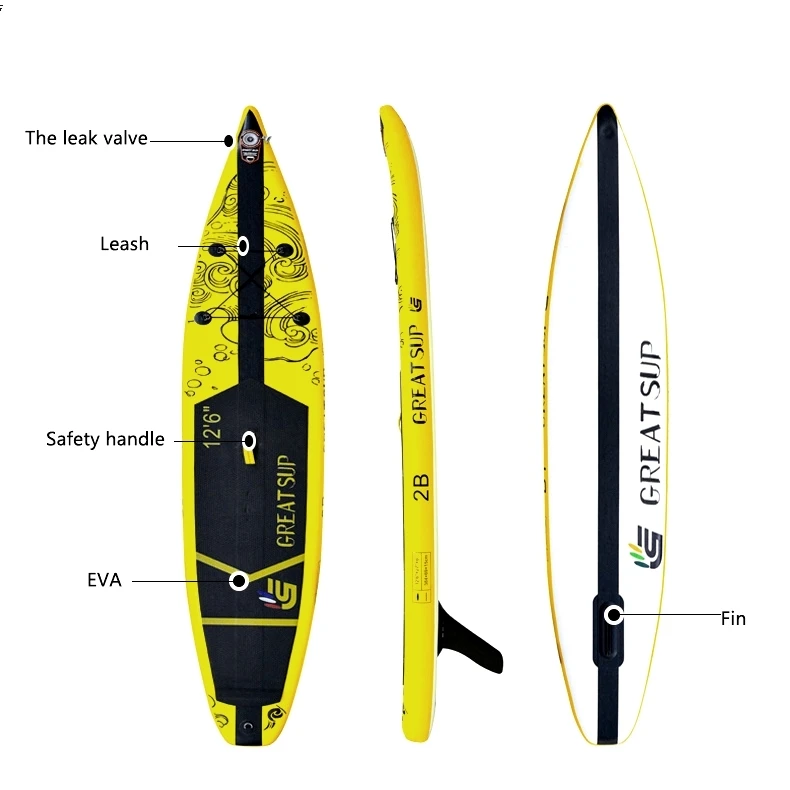 

2021 New design Yellow Customized Soft top Surfing board with paddle In stock