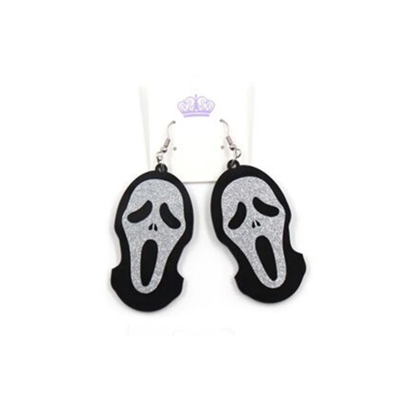 

ERS397HP005 Popular Design Statement Ghost Skull Dangle HalloweenBlack Silver Glitter Acrylic Earrings