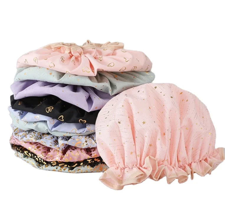 

Latest new design beautiful Waterproof Caps Reusable Double Layer Microfiber Bath Cap