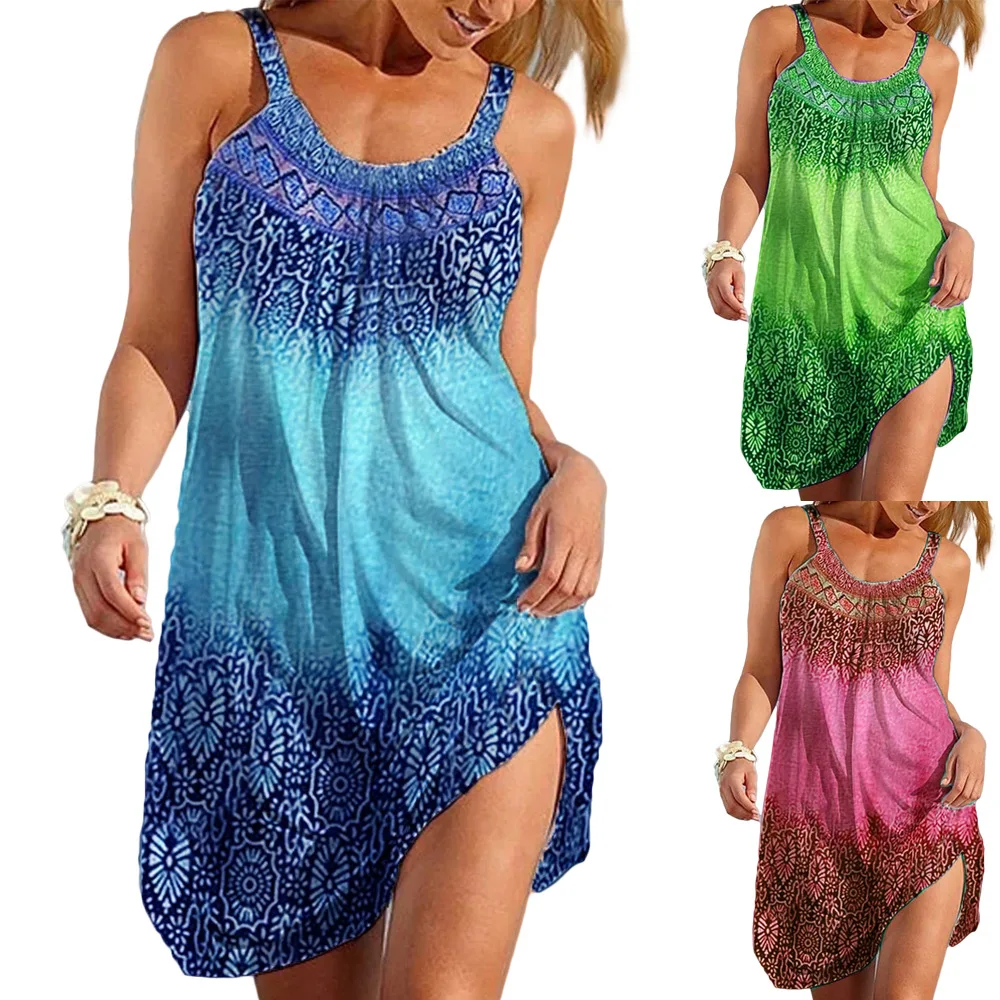 

Spot 2021 summer new style European and American hot style loose printed sling dress women